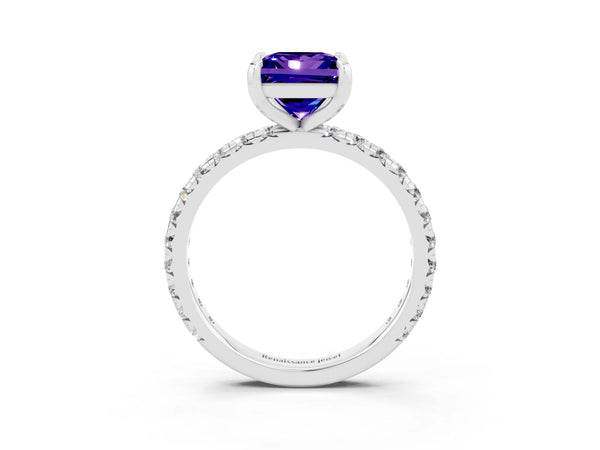 Platinum Princess Cut Tanzanite Pavé Solitaire Ring with Round Band and Prong Setting