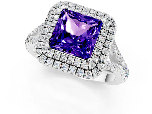 White gold Princess Cut Tanzanite Pavé Split Shank Double Halo Engagement Ring