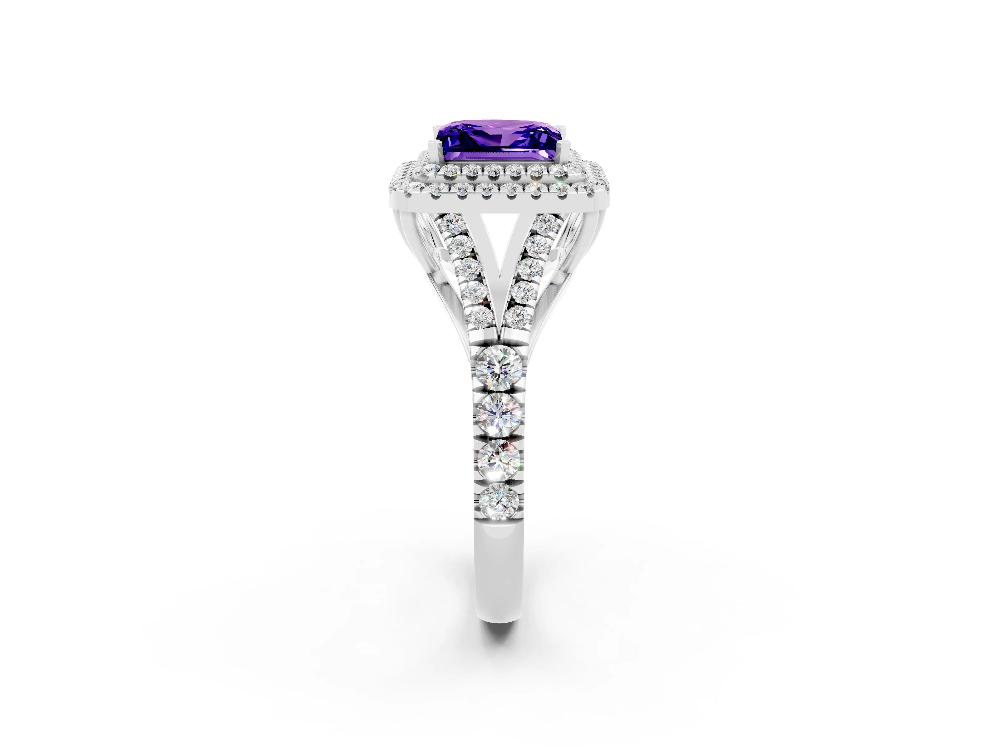 White gold Princess Cut Tanzanite Pavé Split Shank Double Halo Engagement Ring_2