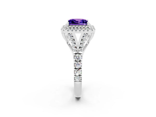 White gold Princess Cut Tanzanite Pavé Split Shank Double Halo Engagement Ring