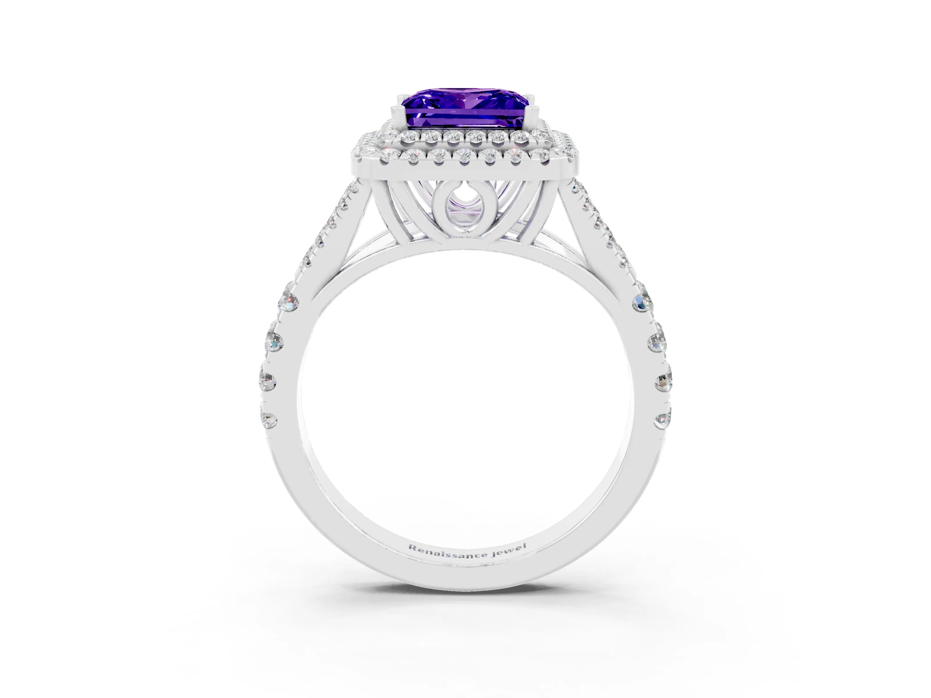 White gold Princess Cut Tanzanite Pavé Split Shank Double Halo Engagement Ring_3