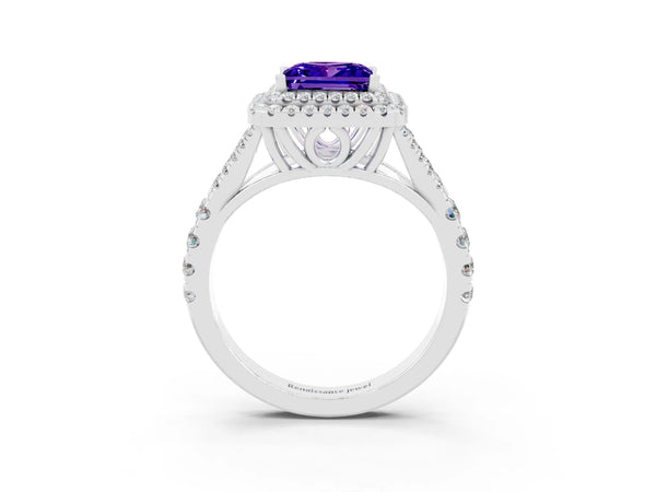 Silver Princess Cut Tanzanite Pavé Split Shank Double Halo Engagement Ring