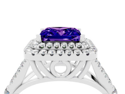 White gold Princess Cut Tanzanite Pavé Split Shank Double Halo Engagement Ring_4