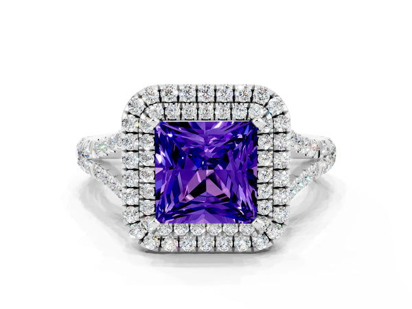 Silver Princess Cut Tanzanite Pavé Split Shank Double Halo Engagement Ring