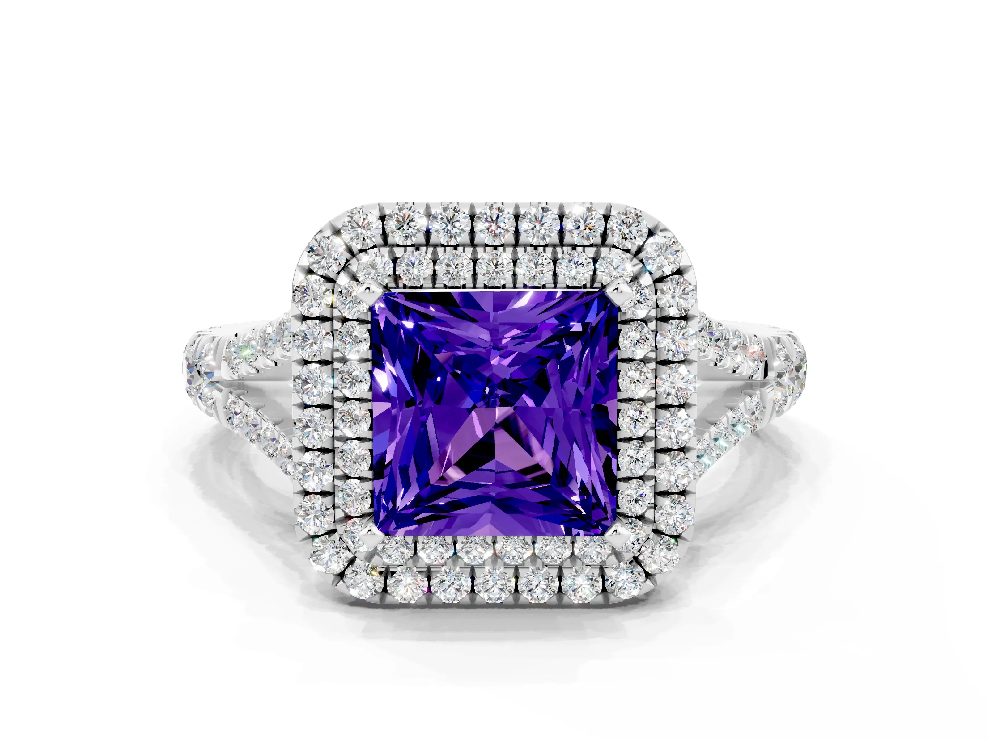 White gold Princess Cut Tanzanite Pavé Split Shank Double Halo Engagement Ring