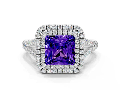 White gold Princess Cut Tanzanite Pavé Split Shank Double Halo Engagement Ring