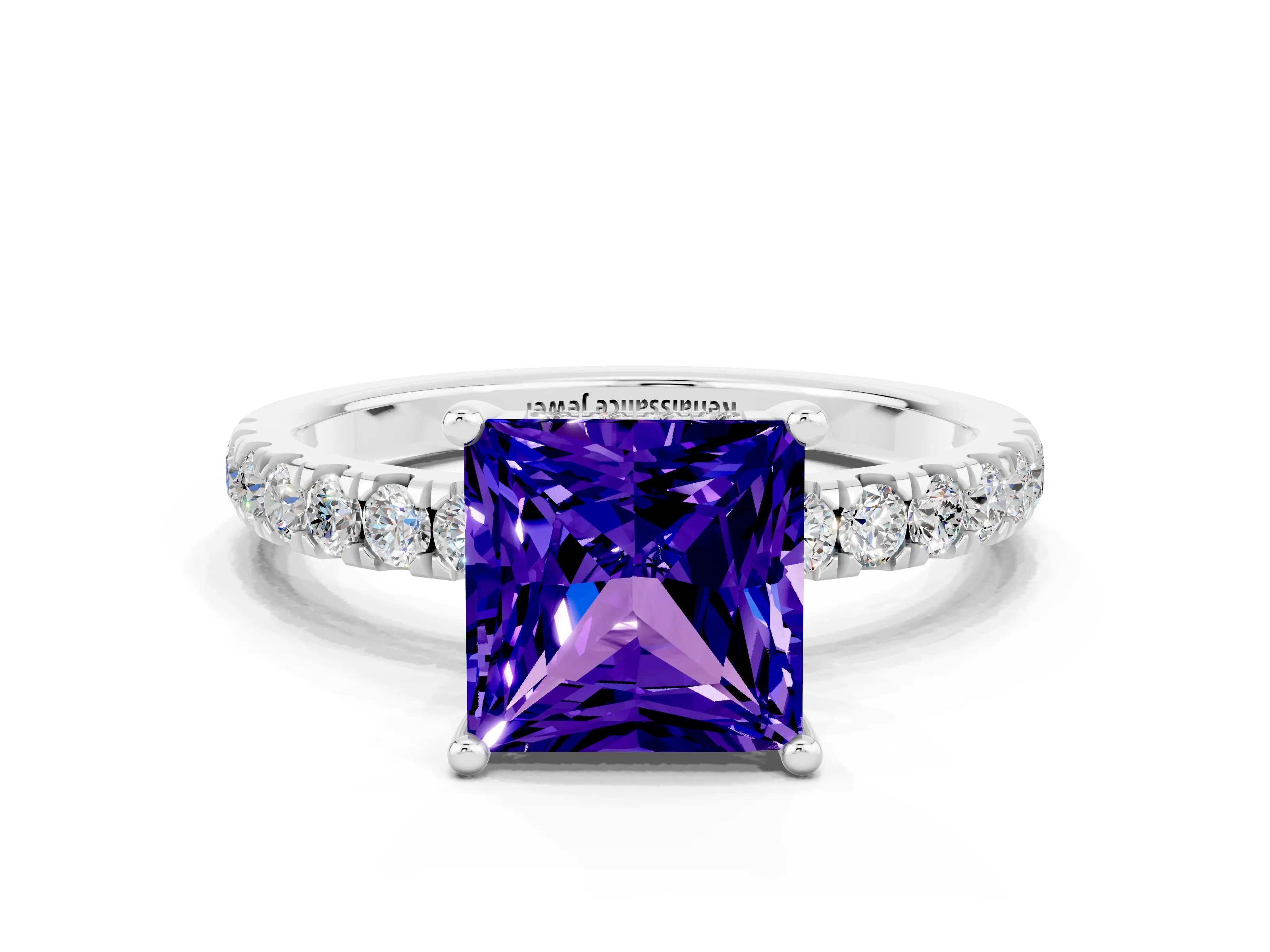 White gold Princess Cut Tanzanite Pave Band Solitaire Ring with Four-Prong Setting_24