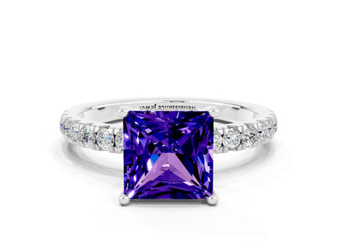 White gold Princess Cut Tanzanite Pave Band Solitaire Ring with Four-Prong Setting_24