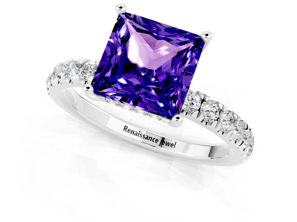 Platinum Princess Cut Tanzanite Pave Band Solitaire Ring with Round  and Prong Setting