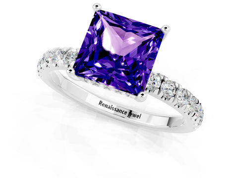 White gold Princess Cut Tanzanite Pave Band Solitaire Ring with Four-Prong Setting_25