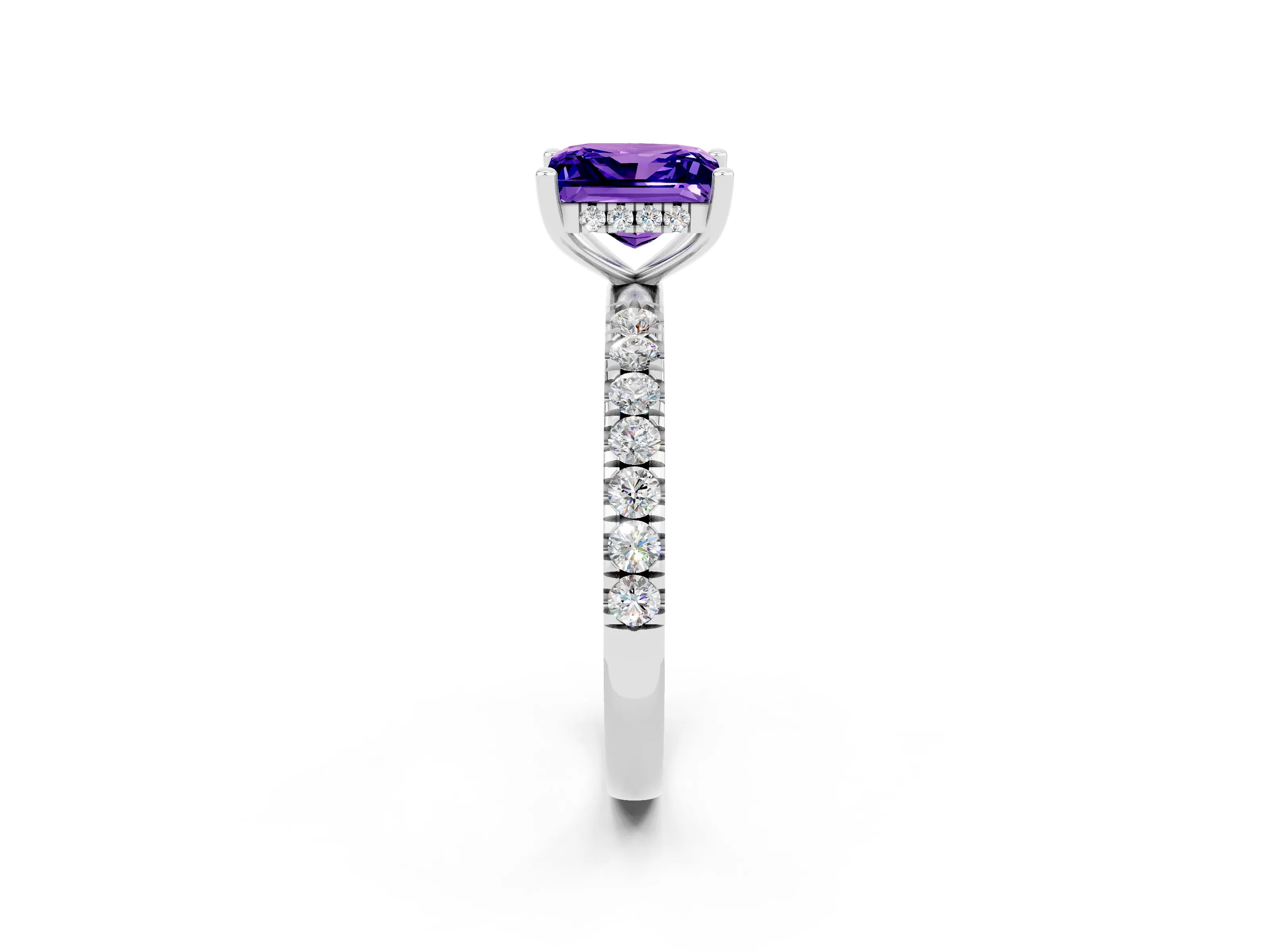 White gold Princess Cut Tanzanite Pave Band Solitaire Ring with Four-Prong Setting_26