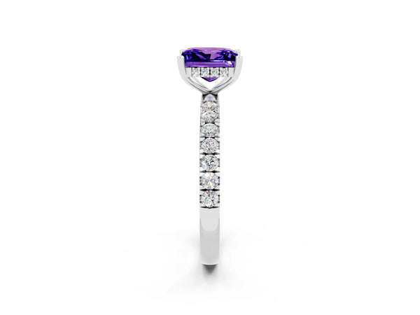 Platinum Princess Cut Tanzanite Pave Band Solitaire Ring with Round  and Prong Setting