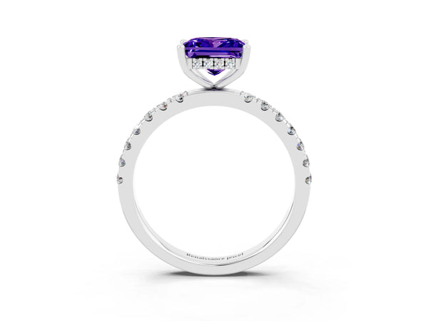 White gold Princess Cut Tanzanite Pave Band Solitaire Ring with Round  and Prong Setting