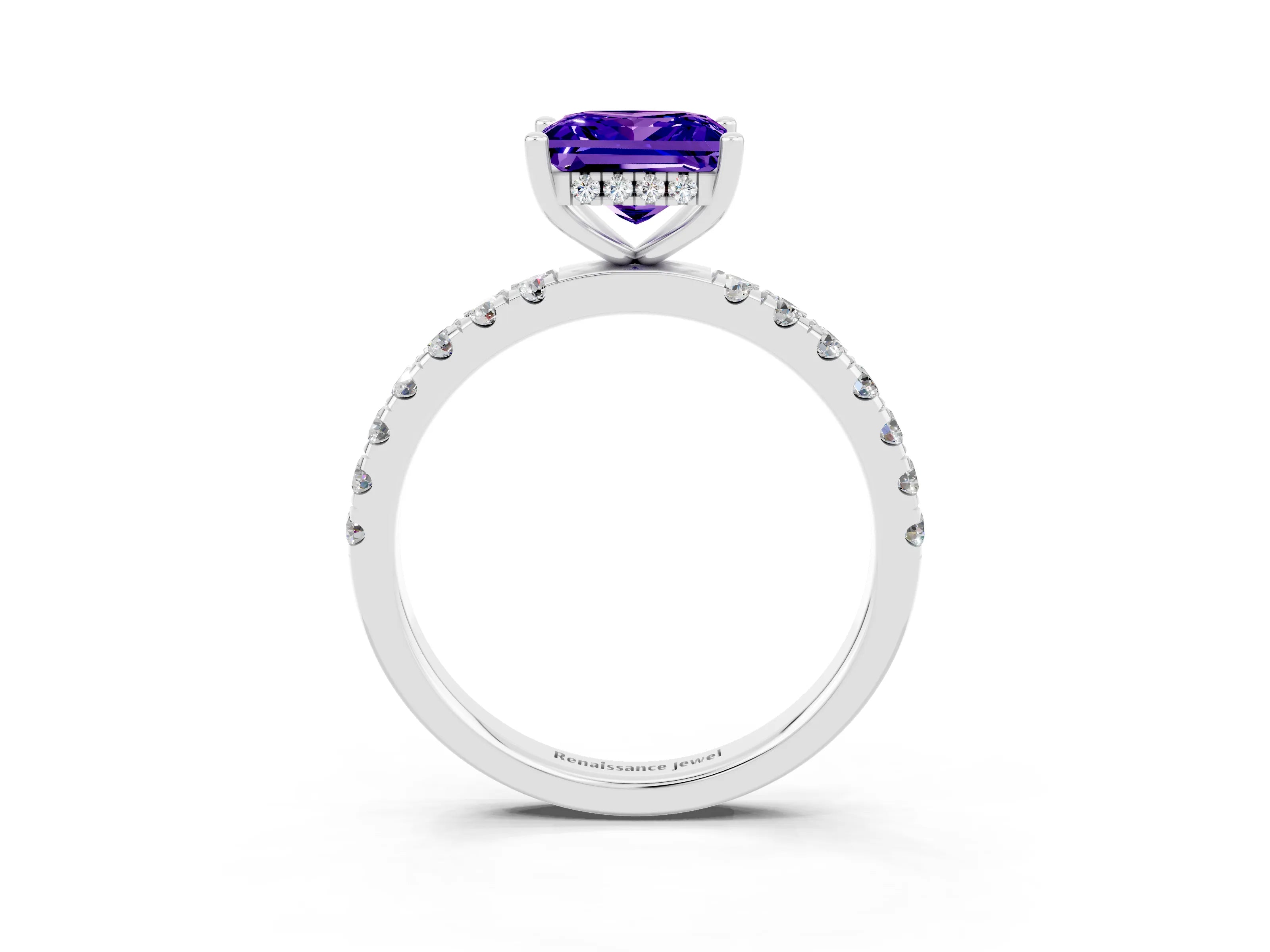 White gold Princess Cut Tanzanite Pave Band Solitaire Ring with Four-Prong Setting_27