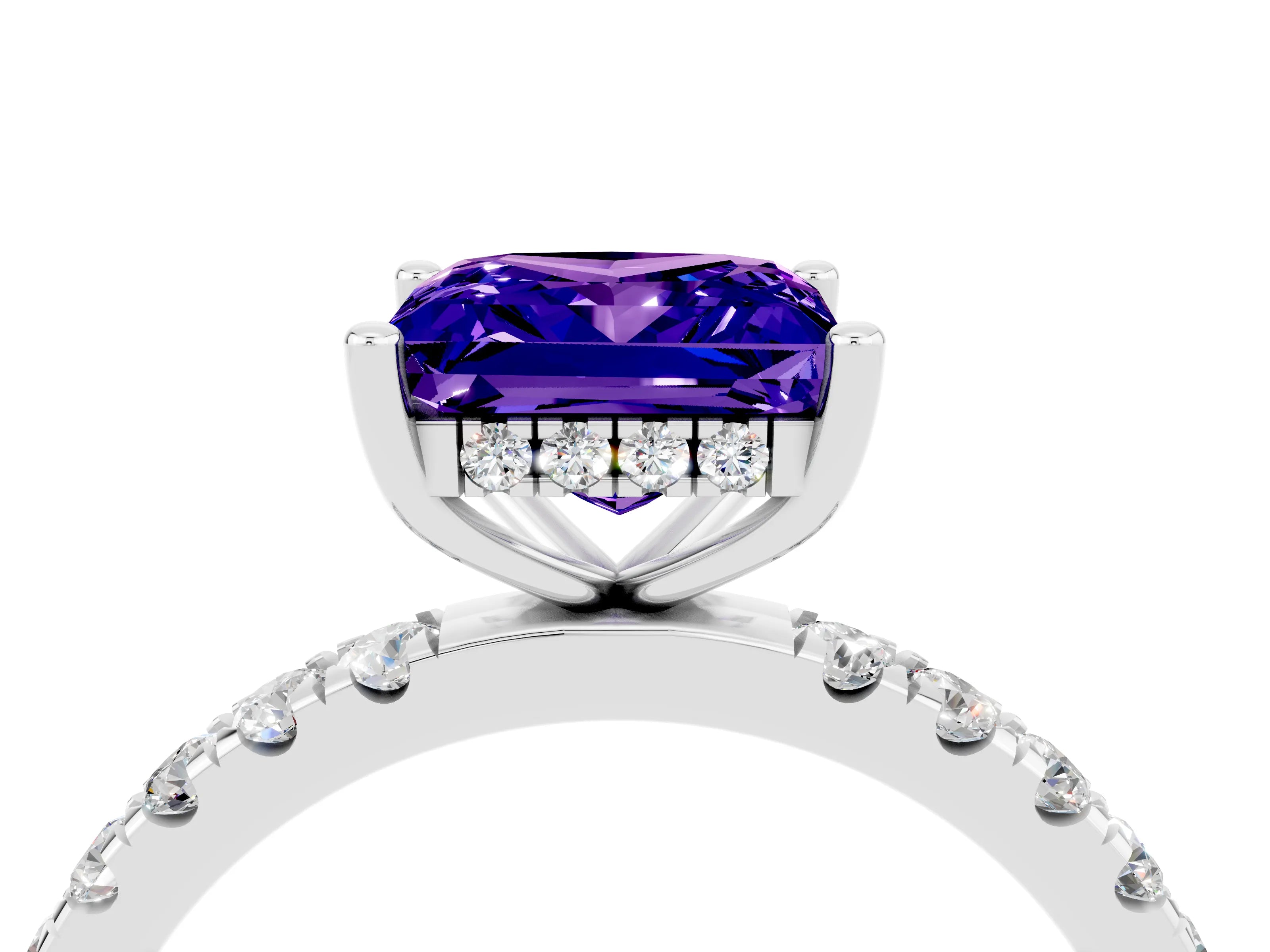 White gold Princess Cut Tanzanite Pave Band Solitaire Ring with Four-Prong Setting_28