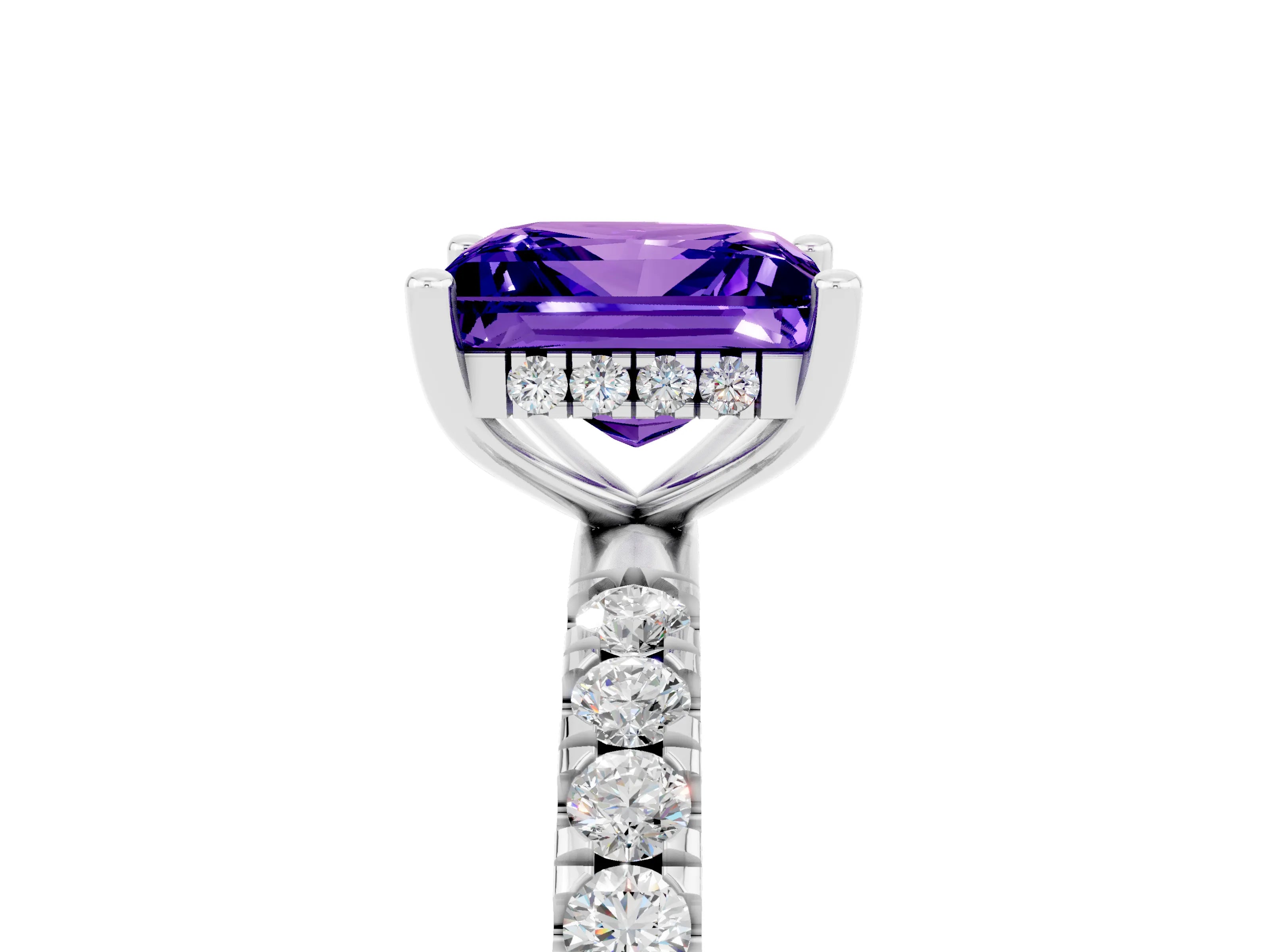 White gold Princess Cut Tanzanite Pave Band Solitaire Ring with Four-Prong Setting_29