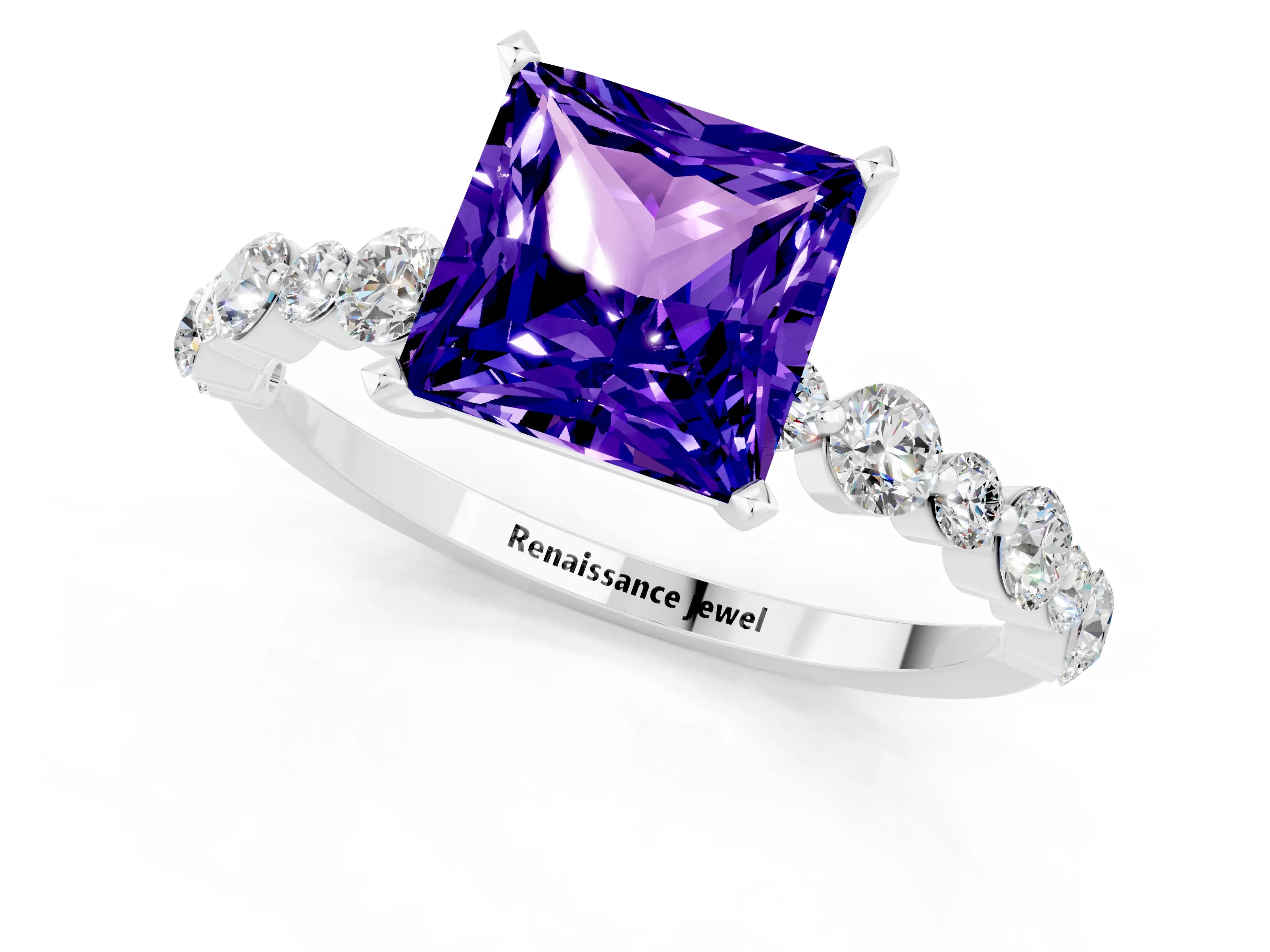 White gold Princess Cut Tanzanite Prong Set Engagement Ring with Pavé Band_1