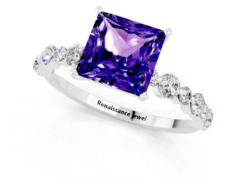 White gold Princess Cut Tanzanite Prong Set Engagement Ring with Pavé Band_1
