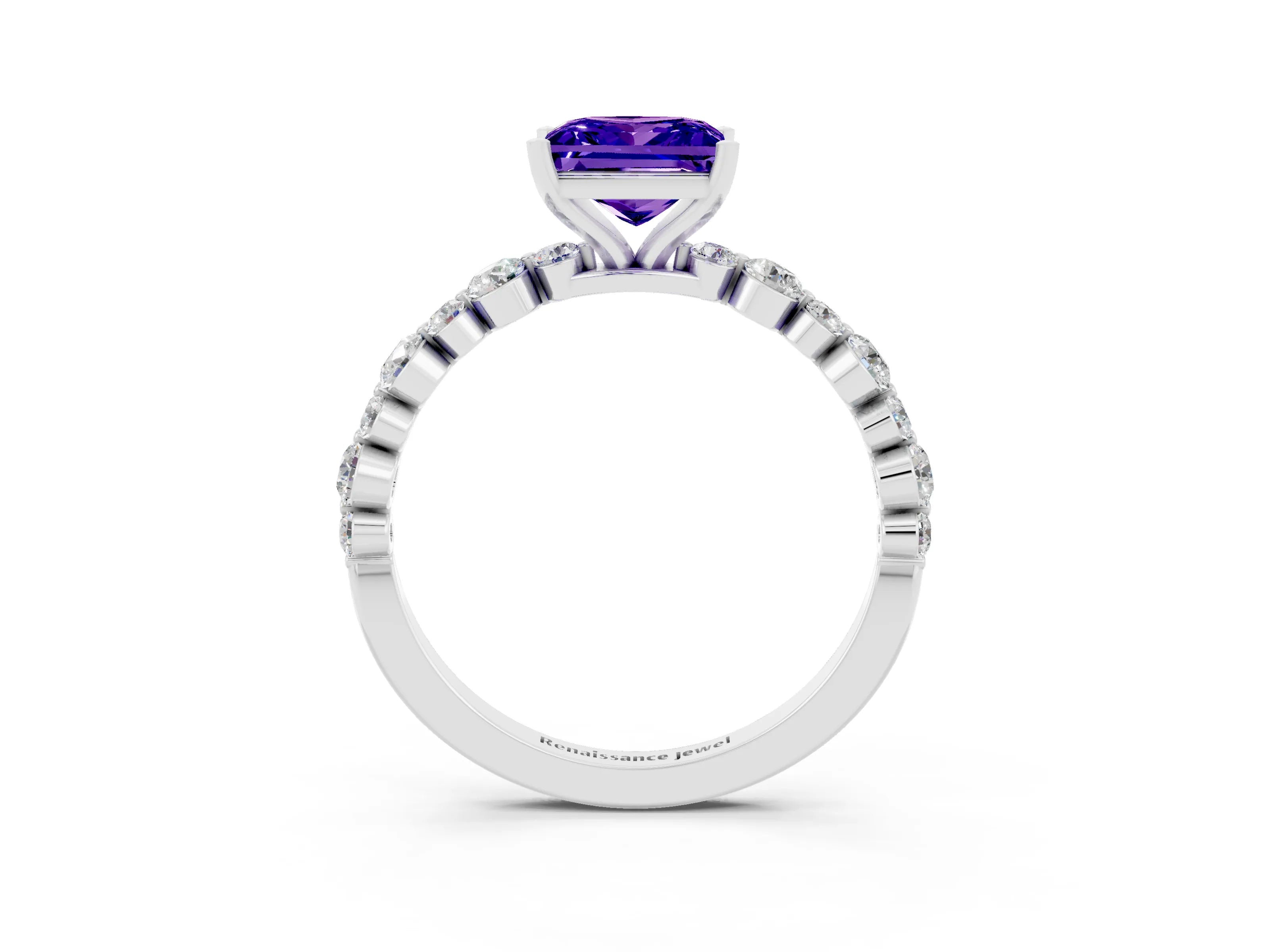 White gold Princess Cut Tanzanite Prong Set Engagement Ring with Pavé Band_3