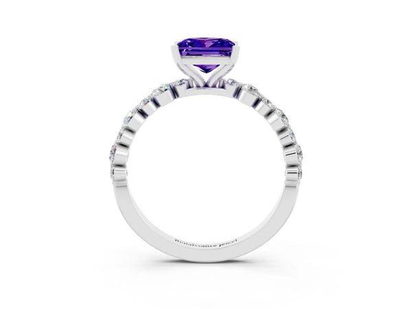 Silver Princess Cut Tanzanite Prong Set Engagement Ring with Pavé Band