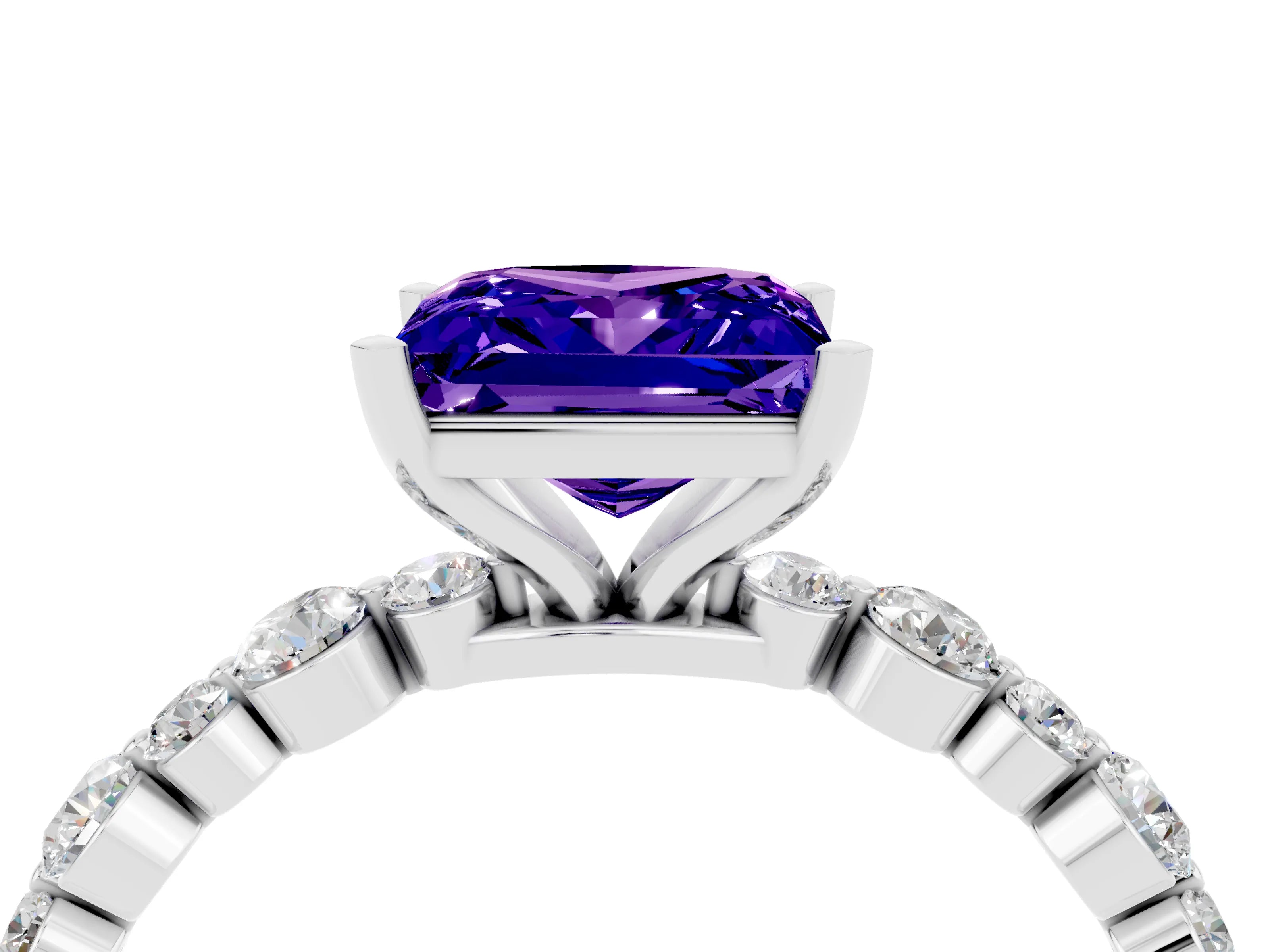 White gold Princess Cut Tanzanite Prong Set Engagement Ring with Pavé Band_4