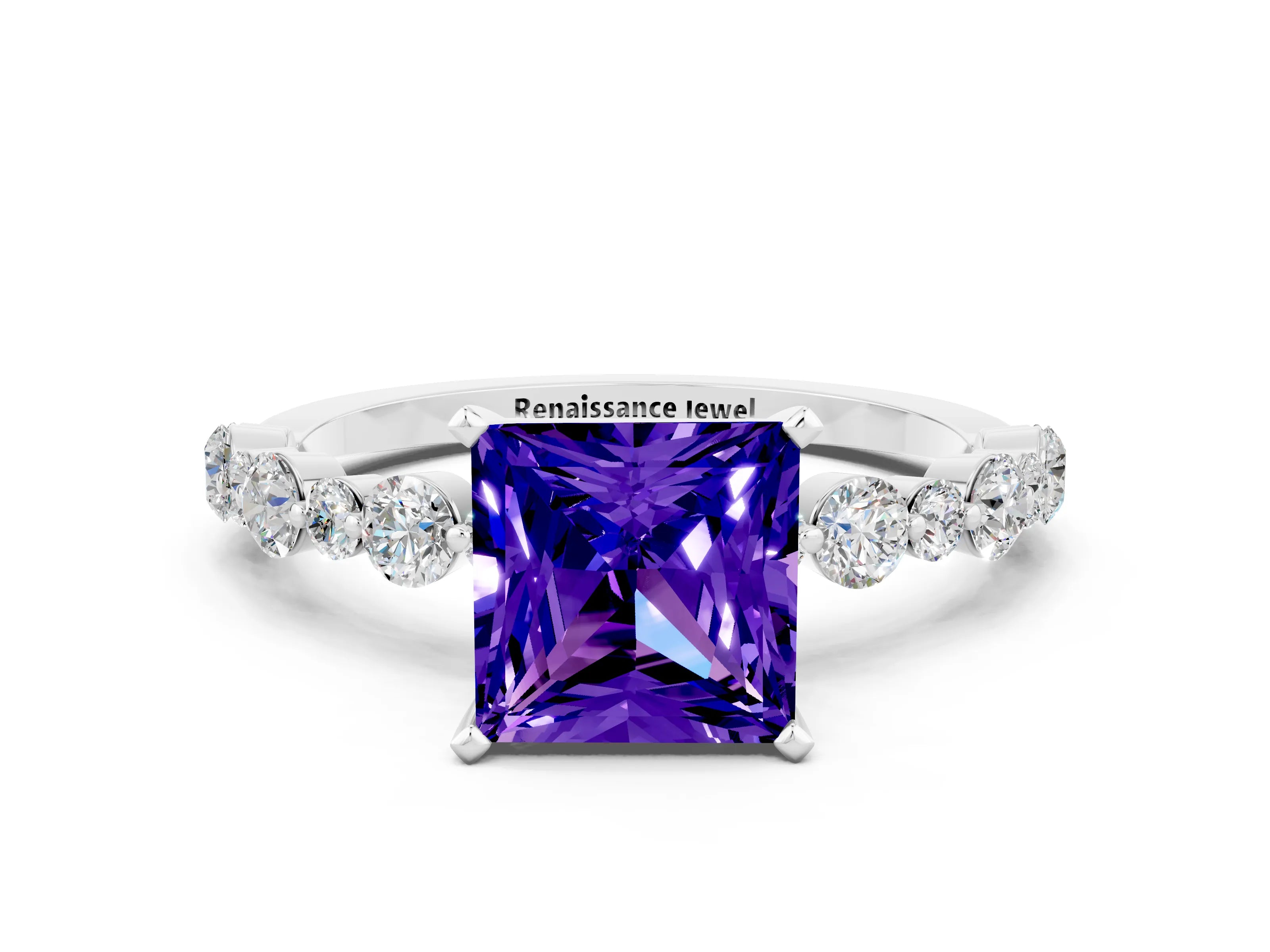 White gold Princess Cut Tanzanite Prong Set Engagement Ring with Pavé Band