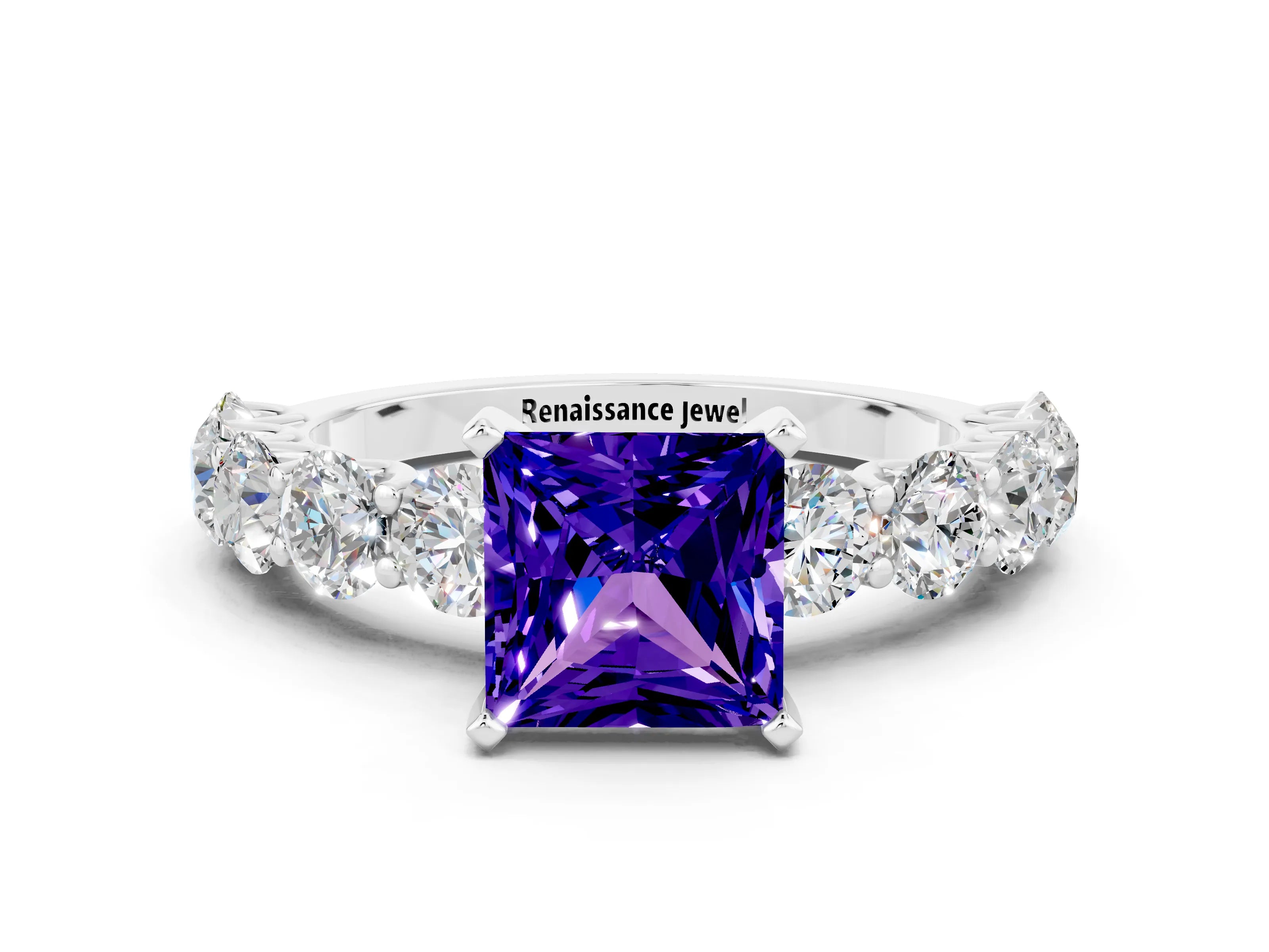 White gold Princess Cut Tanzanite Prong Setting with Side Stones on a Pave Band