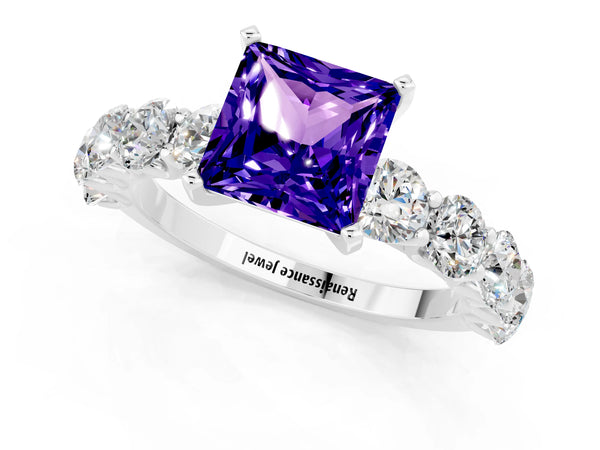 Platinum Princess Cut Tanzanite Prong Setting with Side Stones on a Pave Band