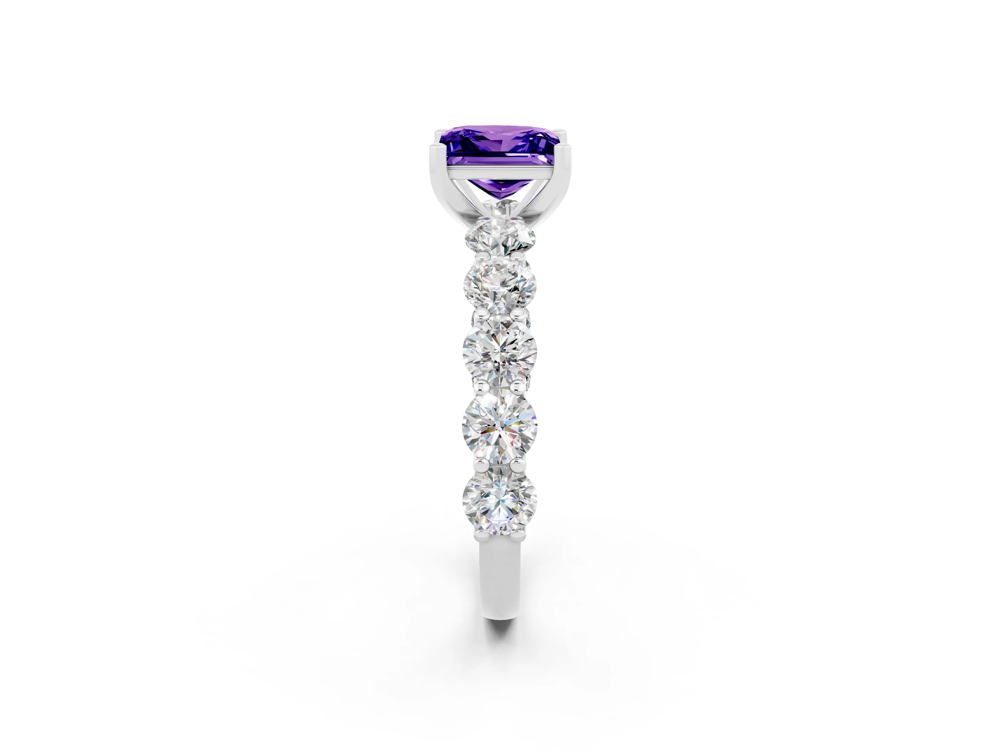 White gold Princess Cut Tanzanite Prong Setting with Side Stones on a Pave Band_2