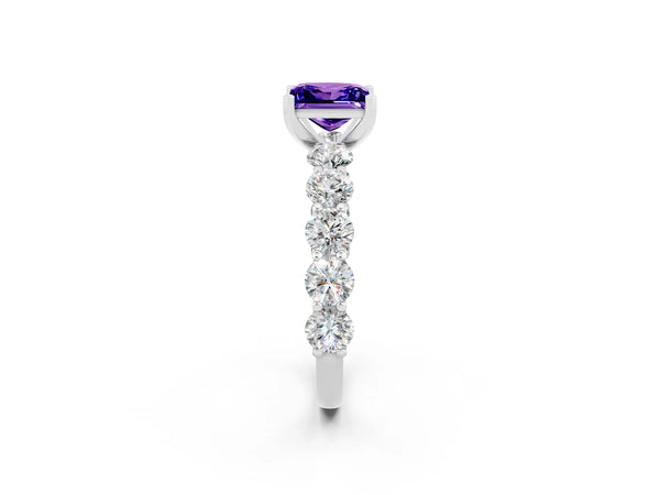 White gold Princess Cut Tanzanite Prong Setting with Side Stones on a Pave Band