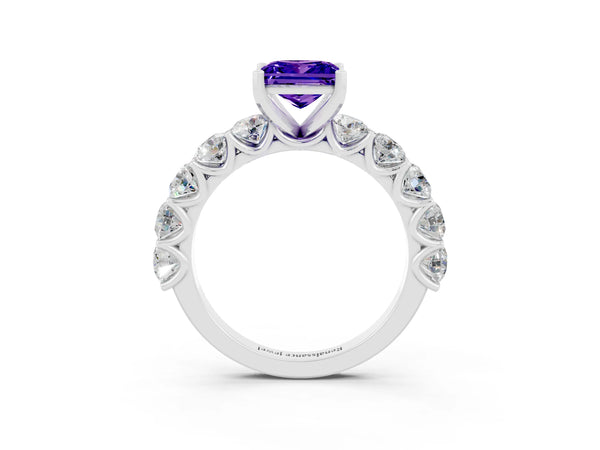 Platinum Princess Cut Tanzanite Prong Setting with Side Stones on a Pave Band