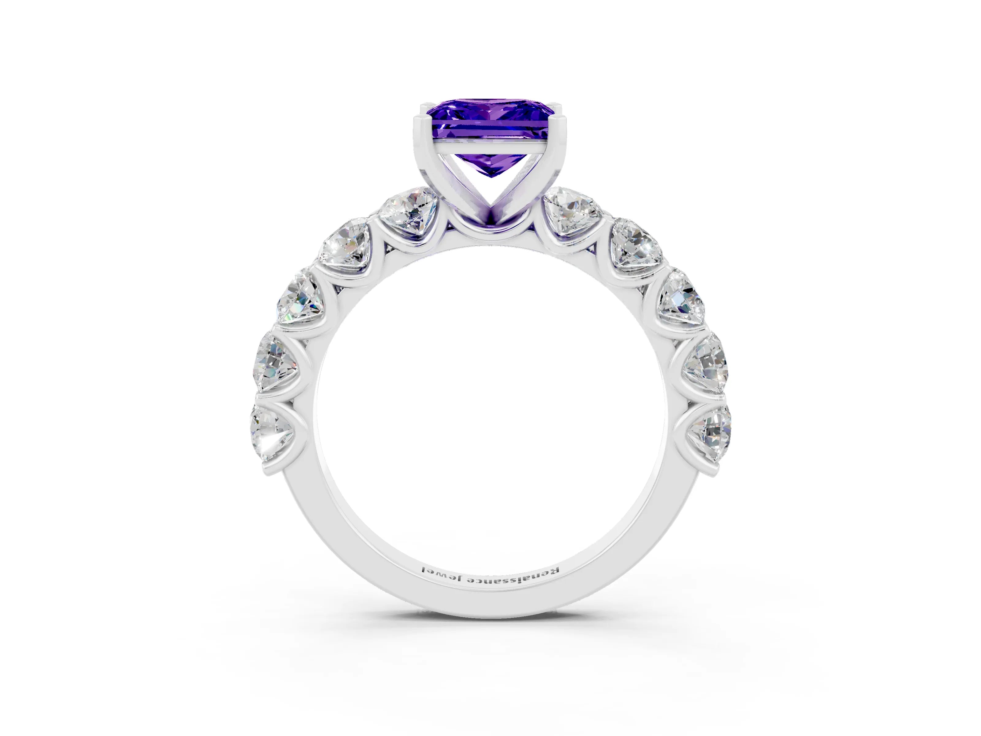 White gold Princess Cut Tanzanite Prong Setting with Side Stones on a Pave Band_3