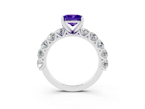 White gold Princess Cut Tanzanite Prong Setting with Side Stones on a Pave Band_3