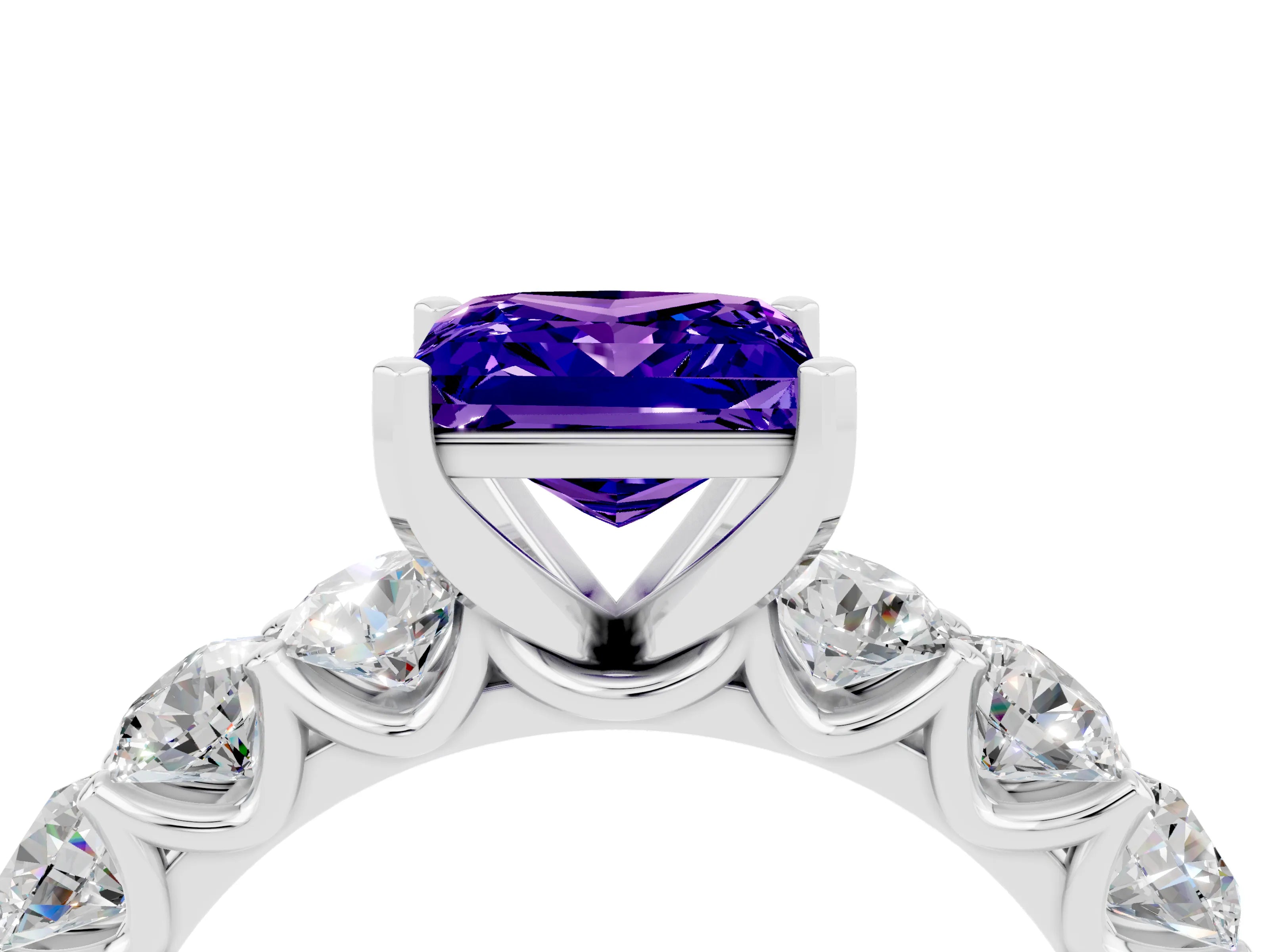 White gold Princess Cut Tanzanite Prong Setting with Side Stones on a Pave Band_4
