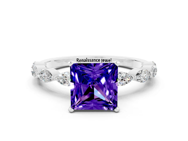 Platinum Princess Cut Tanzanite Ring with Marquise Side Stones and Prong Setting