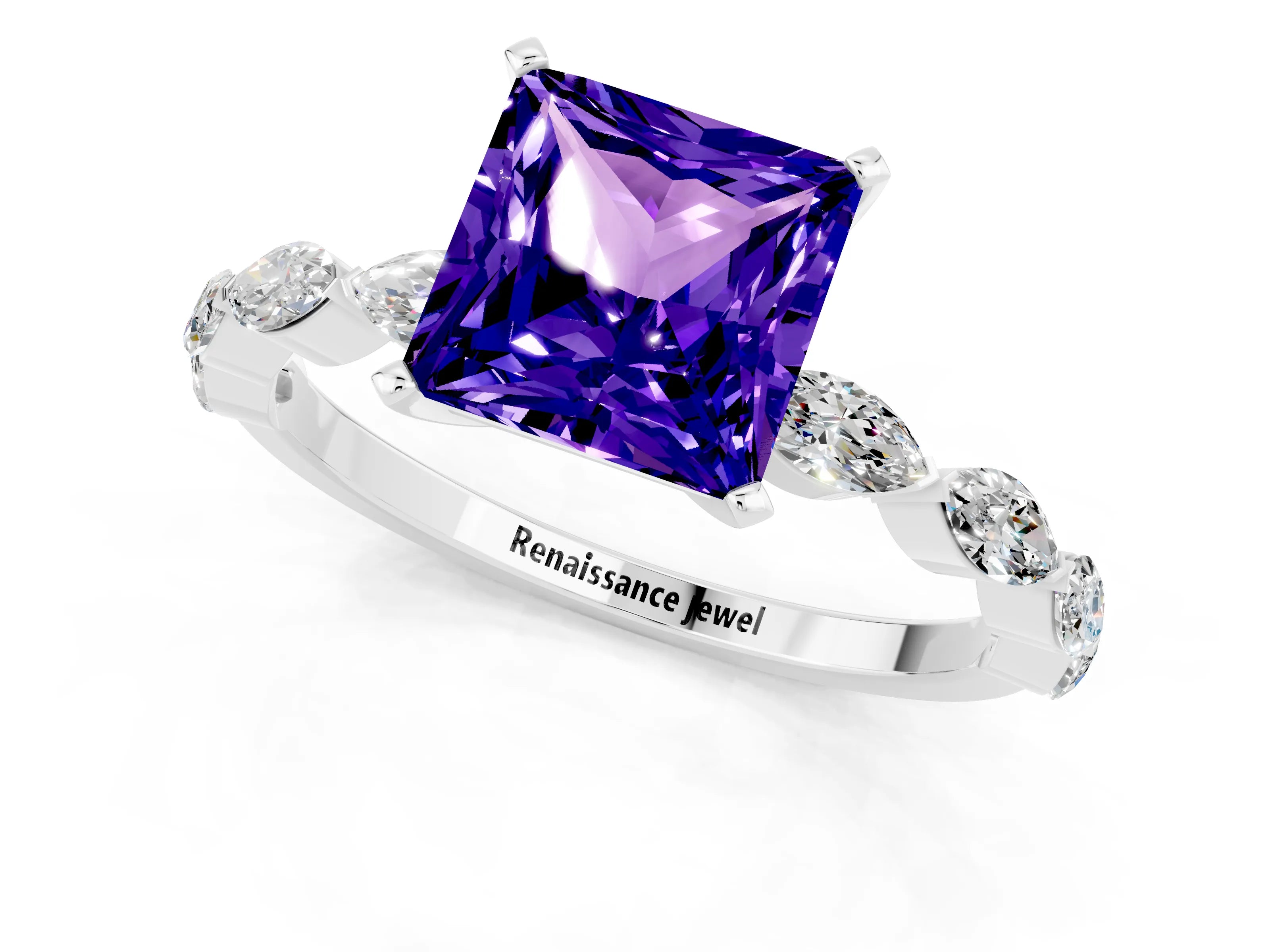White gold Princess Cut Tanzanite Ring with Marquise Side Stones and Prong Setting_1