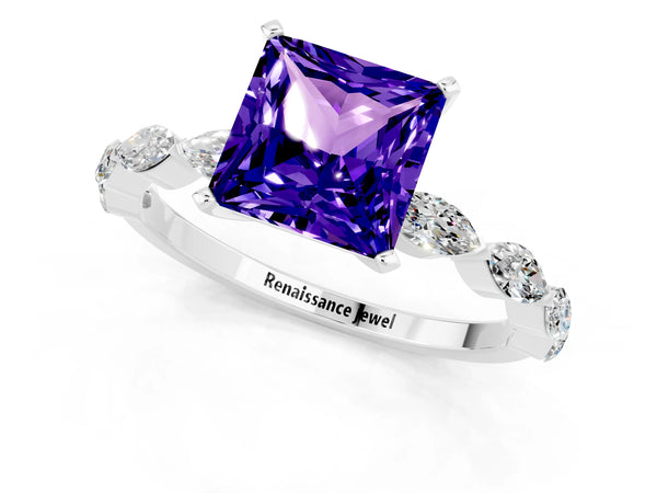 White gold Princess Cut Tanzanite Ring with Marquise Side Stones and Prong Setting