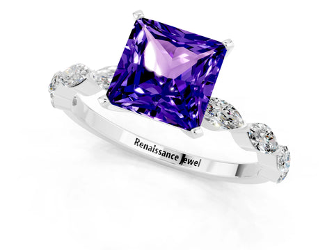 White gold Princess Cut Tanzanite Ring with Marquise Side Stones and Prong Setting_1