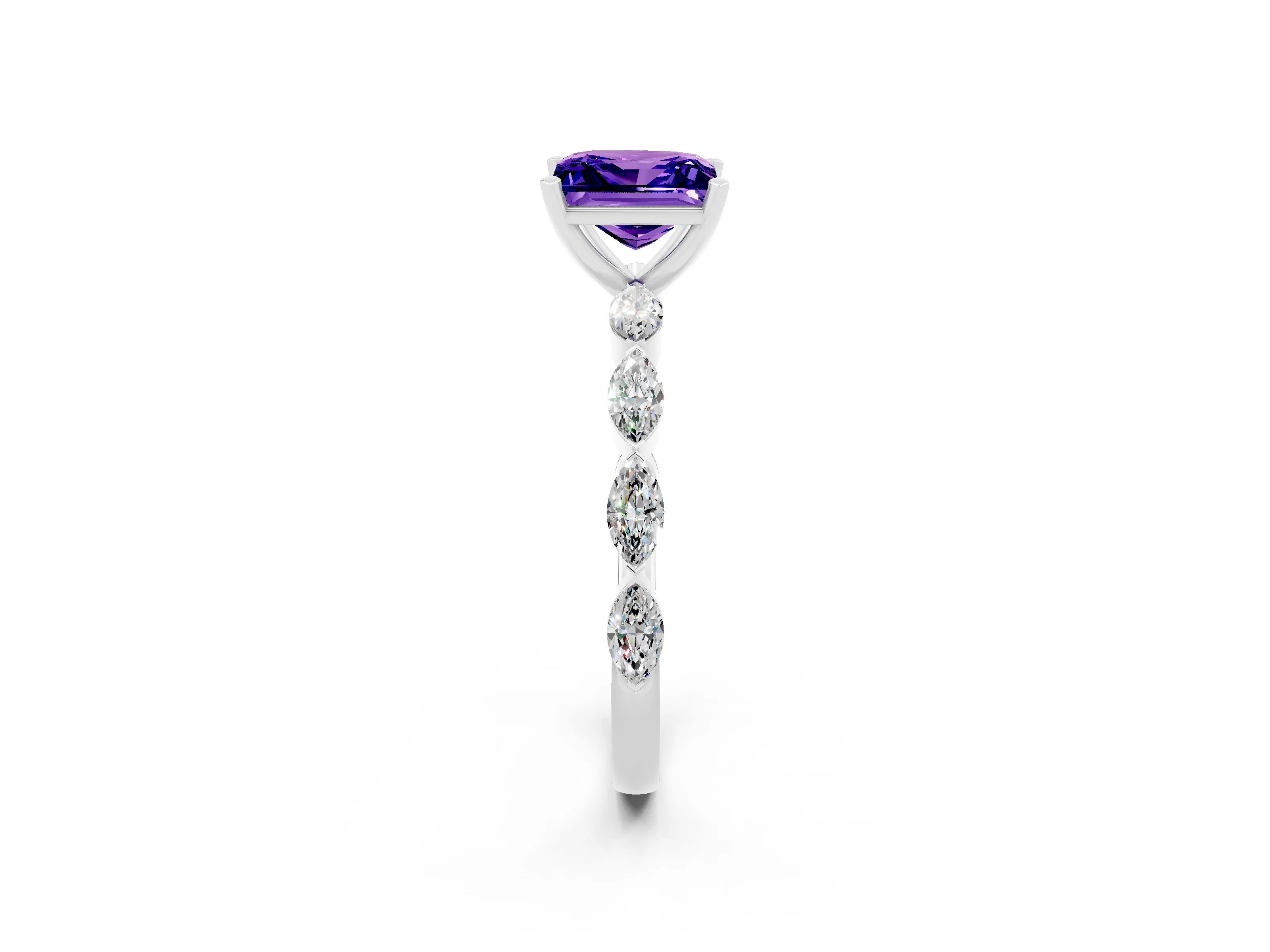 White gold Princess Cut Tanzanite Ring with Marquise Side Stones and Prong Setting_2