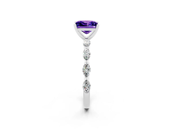 Silver Princess Cut Tanzanite Ring with Marquise Side Stones and Prong Setting