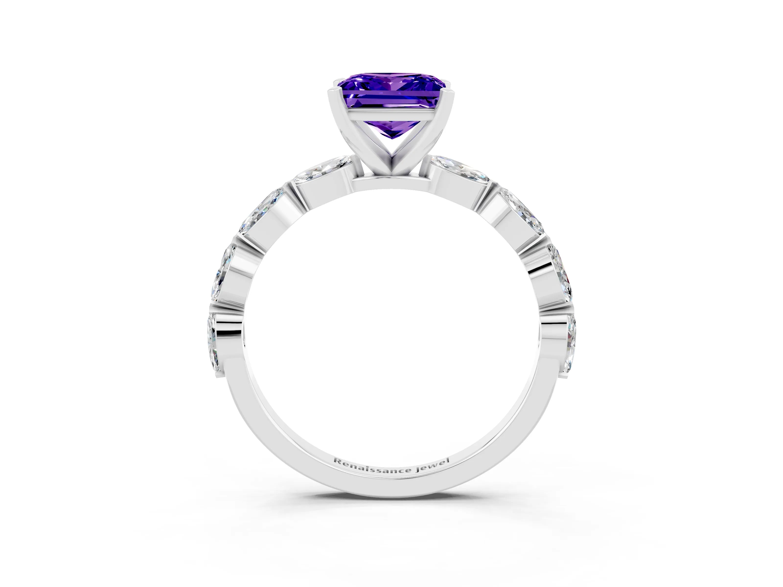 White gold Princess Cut Tanzanite Ring with Marquise Side Stones and Prong Setting_3