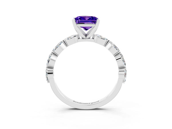 Platinum Princess Cut Tanzanite Ring with Marquise Side Stones and Prong Setting