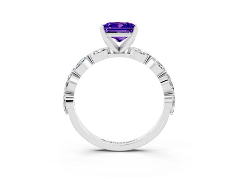 White gold Princess Cut Tanzanite Ring with Marquise Side Stones and Prong Setting_3