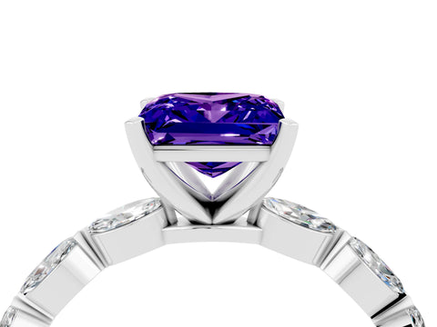 White gold Princess Cut Tanzanite Ring with Marquise Side Stones and Prong Setting_4