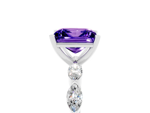 White gold Princess Cut Tanzanite Ring with Marquise Side Stones and Prong Setting_5
