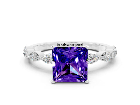 White gold Princess Cut Tanzanite Ring with Marquise Side Stones and Prong Setting
