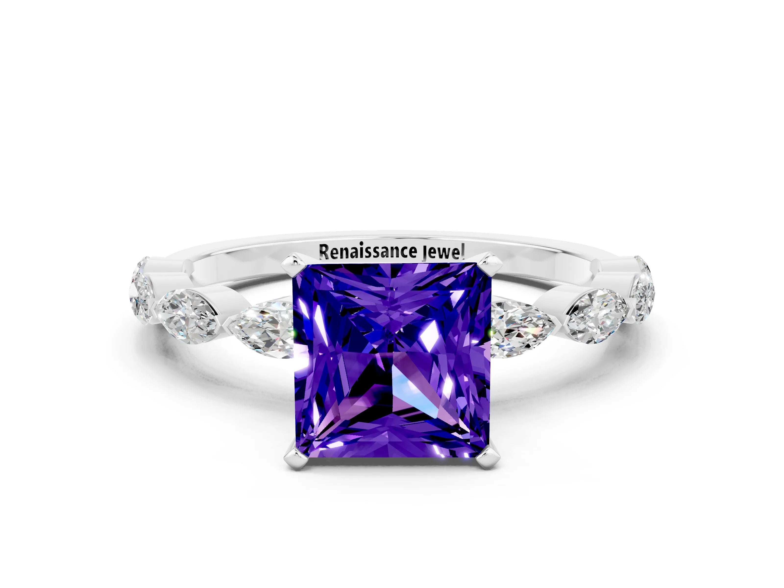 White gold Princess Cut Tanzanite Ring with Marquise Side Stones and Prong Setting