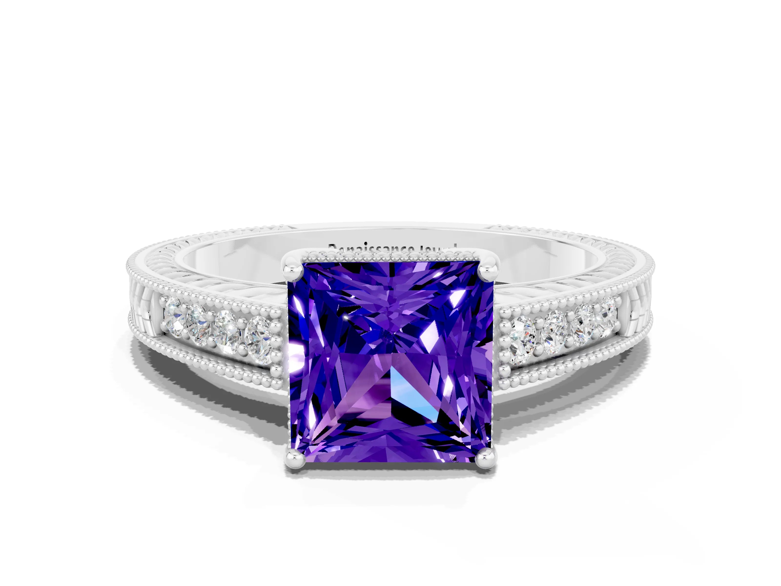 White gold Princess Cut Tanzanite Ring with Milgrain Pavé Band and Four-Prong Setting_12