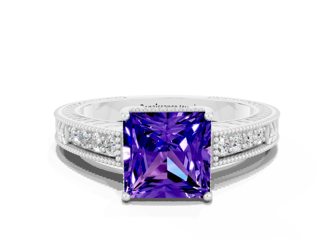 White gold Princess Cut Tanzanite Ring with Milgrain Pavé Band and Four-Prong Setting_12