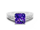 White gold Princess Cut Tanzanite Ring with Milgrain Pavé Band and Four-Prong Setting_12